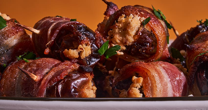 Bacon-Wrapped Fig & Honey Goat Cheese Stuffed Dates