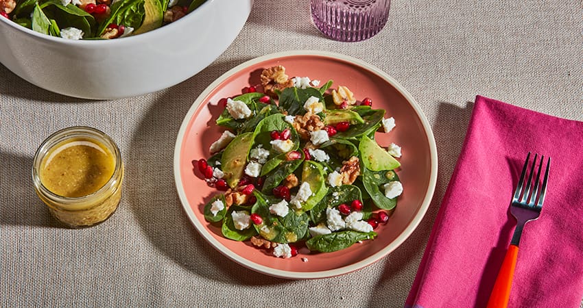 Spinach and Goat Feta Cheese Salad with Walnuts and Pomegranate