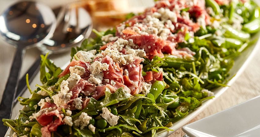 pea and prosciutto salad with goat cheese